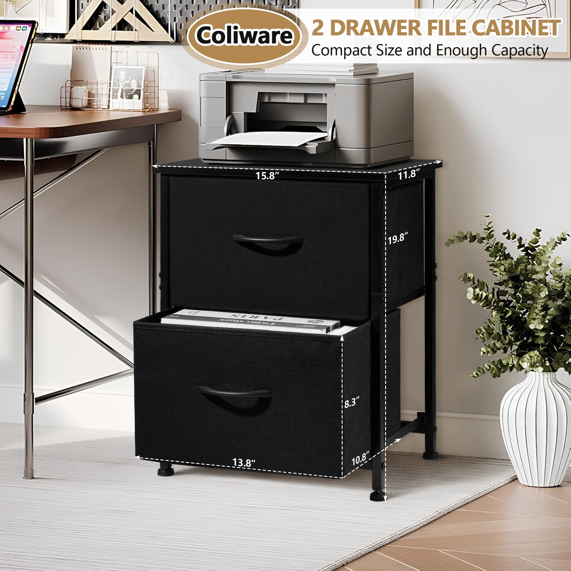 Coliware File Cabinet, Modern Wood Filing Organizer Table with Drawer, Desk Table Cabinet Fits A4 Letter Size, Home Office Furniture for Under Desk Storage, Black Printer Stand Table