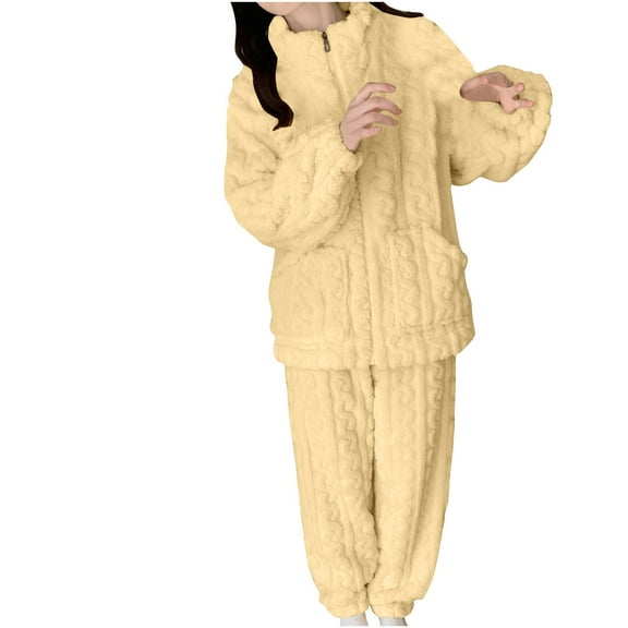 hxobax Winter Warm Sleepwear for Womens Pajamas Set 2 Piece Pjs Pj Sets Solid Color Long Sleeve Zipper Jacket Shirts and Full-Length Bottom Nightwear Sets Plush Fleece Loungewear,#01_Beige,XX-Large