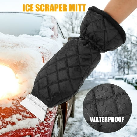 Waterproof Ice Scraper Mitt Glove Windshield Snow Scraper Snow Remover with Lined of Thick Fleece Keep Warm, Black