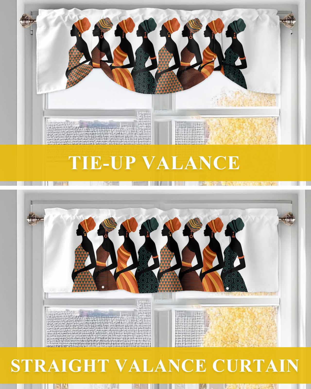 Black Girl African Tie Up Valances Curtain, Adjustable Kitchen Elegant Women Abstract Orange Geometric Tribal Valances for Windows Decor, Rod Pocket Short Curtains Set for Bedroom/Bathroom, 60"x18"