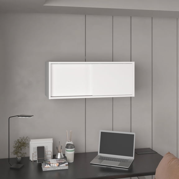 Modern Wall Cabinet With Sliding Doors - 32"w X 13"h, White, For Office, Garage, Living Room, Particle Board Build 13"h Bedroom, Doors, Board, Ample Storage Compartments
