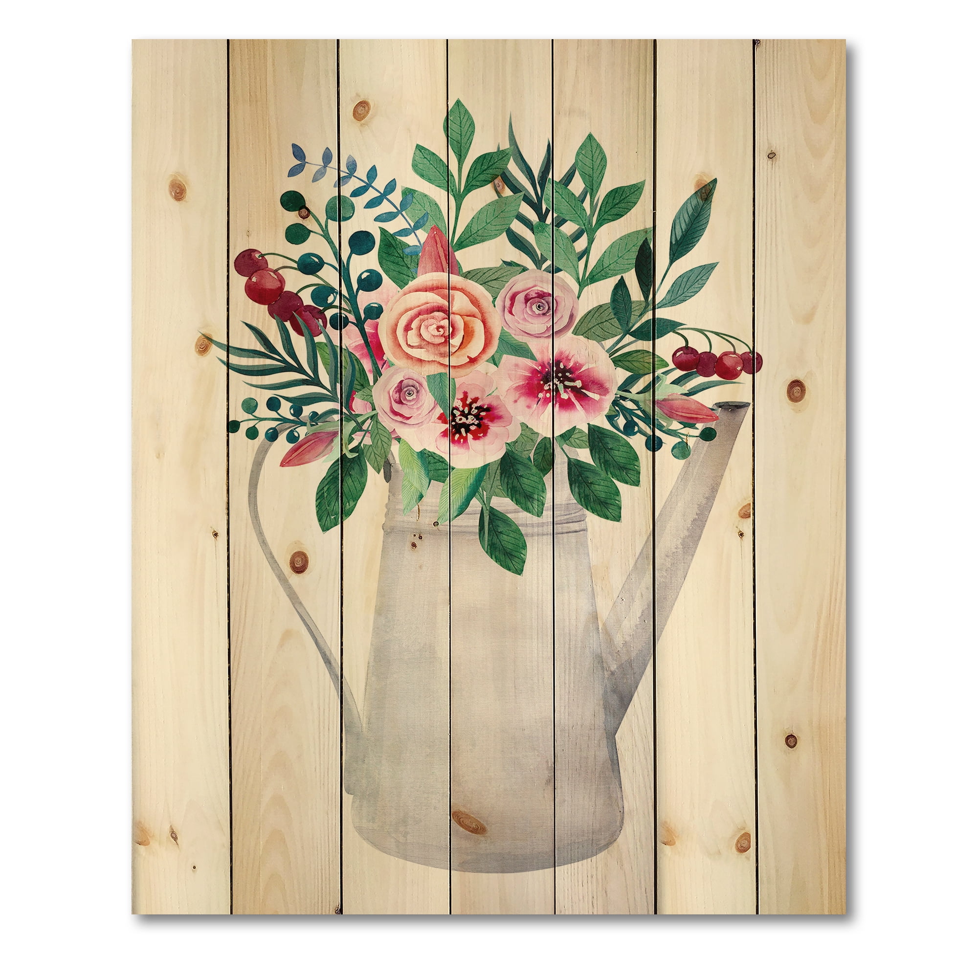 Designart 'Bouquets of Flowers In Rustic Flowering Pot With Berries' Traditional Print on Natural Pine Wood