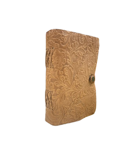 Handmade Embossed Leather Journal – 5x7 inch Vintage Brown Notebook, 200 Handmade Paper Pages, Floral Pattern Cover, Button Closure, Artisan Diary