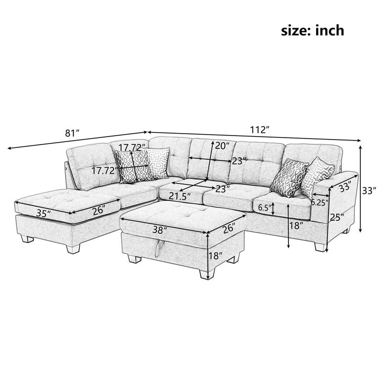 GODEER 109 in. W 4-Piece Polyester Sectional 3-Seaters Sofa with Reversible  Chaise, Storage Ottoman, 2-Small Pillows in Gray W487S00040LXL - The Home  Depot