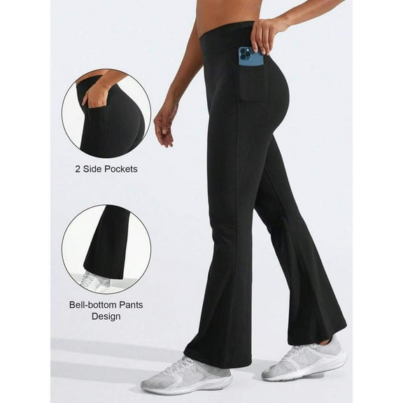 Women Flare Leggings With Pockets Lynnie Bell Bottom Yoga Pants High Waisted Bootcut Gym Legging Blue Green