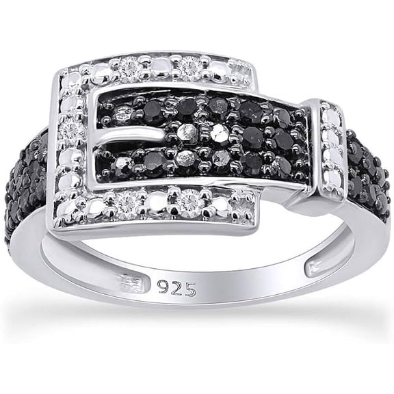 Dreamofdazzles Jewels 2.00 Ctw Round Cut Black And White Diamond Wedding Anniversary Belt Buckle Band Ring 14K White Gold Plated 925 Sterling Silver 925 Sterling Silver -4