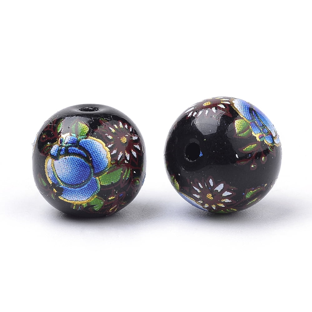 50pcs Printed Glass Beads Round with Flower Pattern Black 10x9mm Hole: 1.5mm