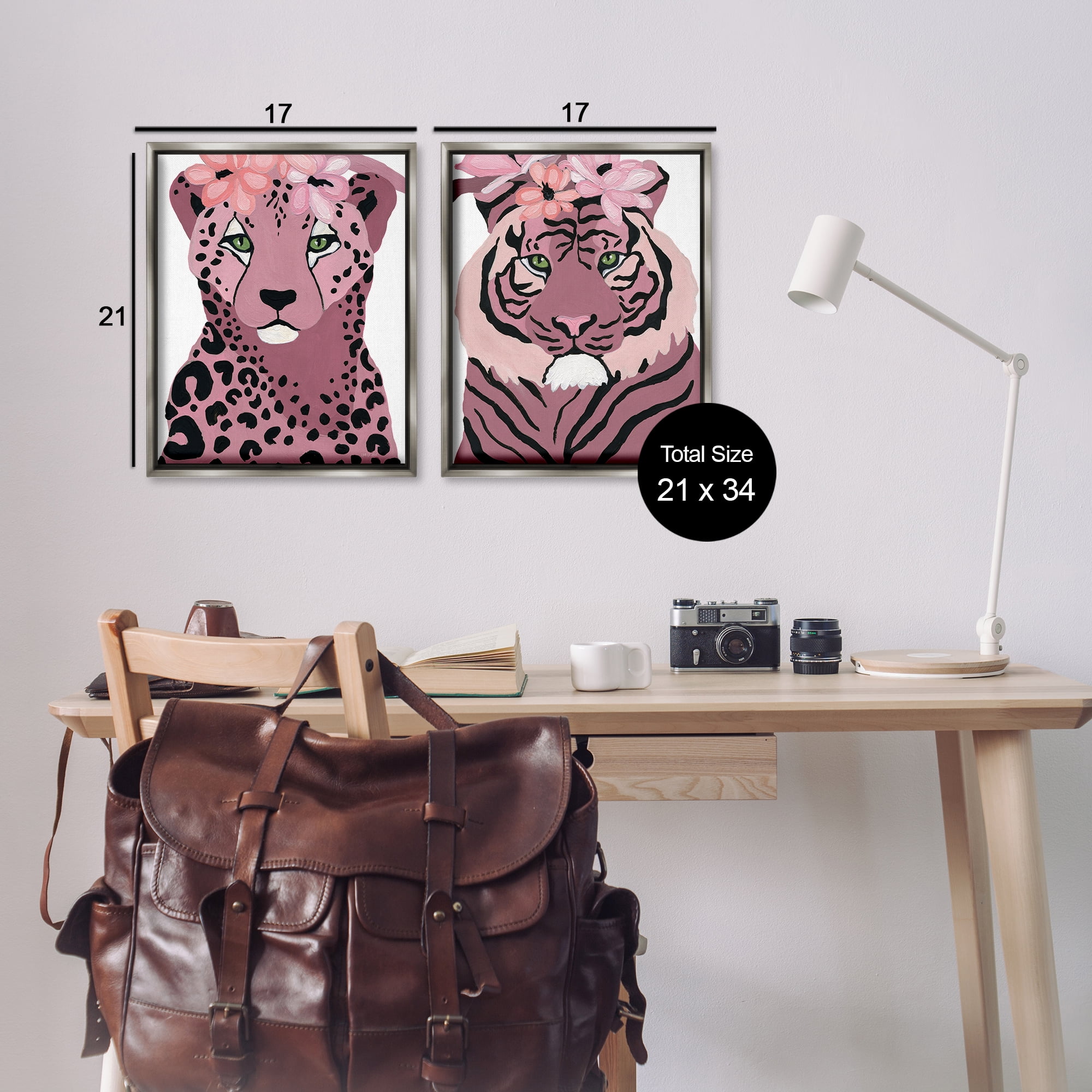 Stupell Industries Floral Cheetah Tiger Animals Painting Gray Floater Framed Canvas Art Print Wall Art, 17 x 21, Set of 2