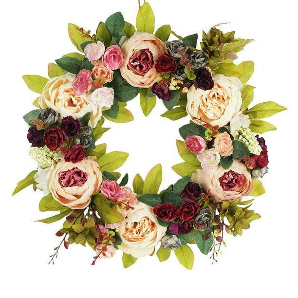 Corona artificial, corona de puerta hecha a mano de flores para decoración de paredes del hogar