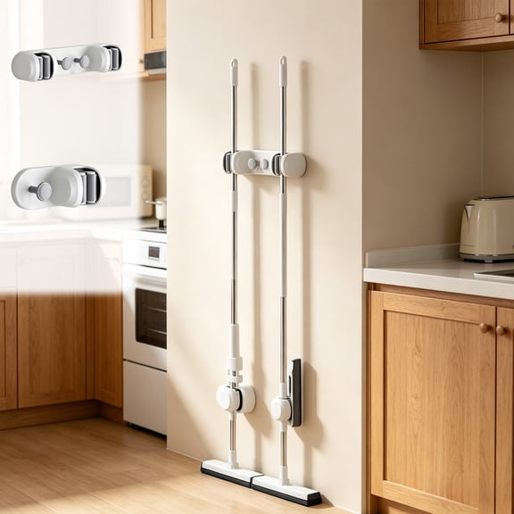 onlyliua Wall-Mount No-Drill Mop and Broom Clip Organizer Heavy-Duty Door Hook Storage Rack Hands-Free Hanging Holder for Bathroom Laundry Closet Garage Space-Saving Organizer