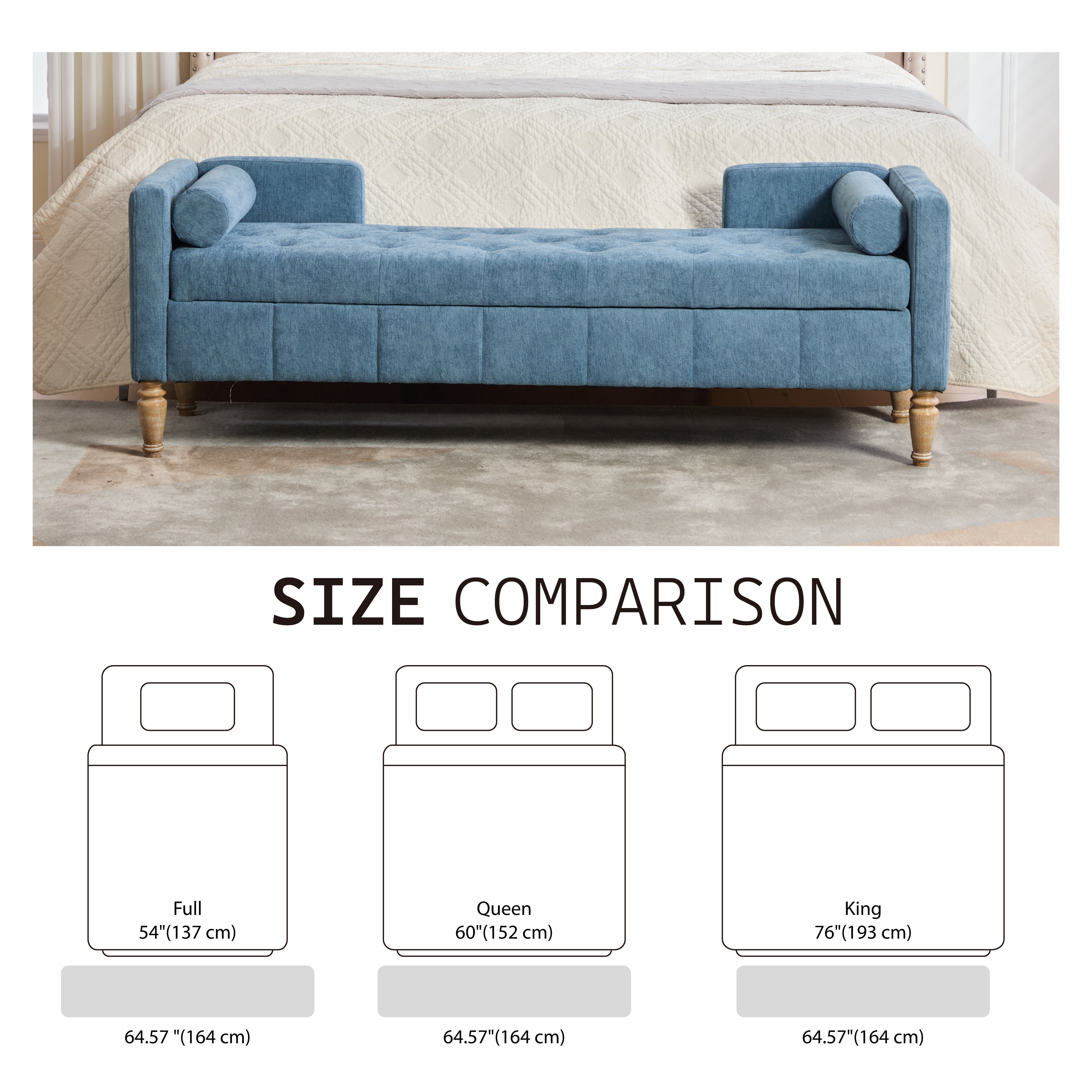 64.6"W Upholstered Chenille Flip-top Storage End of Bed Bench, Tufted Accent Footrest with Armrests&Backrest&2 Bolsters Whitewashed Rubberwood Legs for Living Room, Hallway, Entryway Bedroom