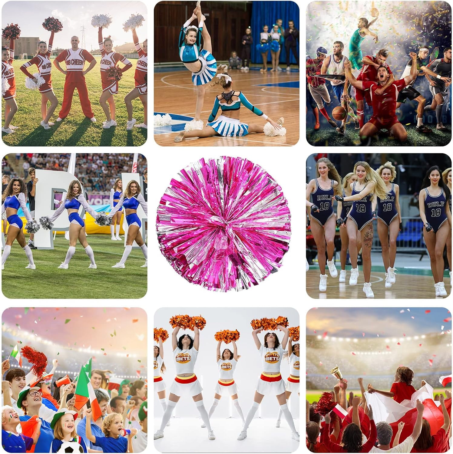 Cheer pom pom, 8 PCS Cheerleading Pom Poms, Premium Metallic Pom Poms Set Cheering Hand Flowers Handle Dance Pom Poms Cheering Squad Pompoms for Football Basketball Cheers