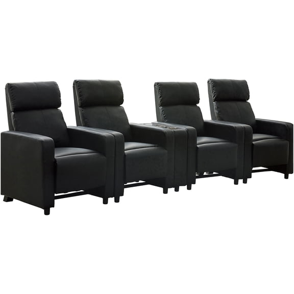 JERFIT 4-Seater Home Theater Recliner Sofa Set with Cup Holder Console, Black Faux Leather Upholstery, Memory Foam, Reclining Living Room Seating