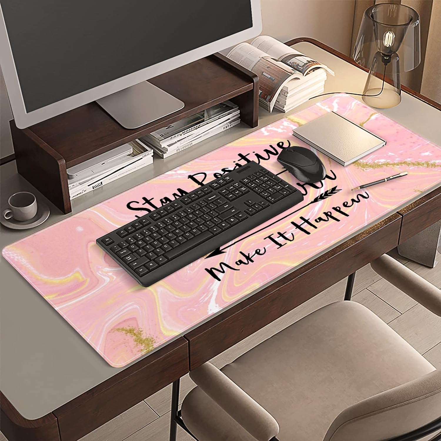 Beauty Pink Gold Sparkling Marble Desk Mat, Desk Accessory, Cute Workspace, Trendy Workspace, Trendy, 35.4x15.7in Large Gaming Mouse Pad, Cute Desk Topper, Pretty Desk Pad