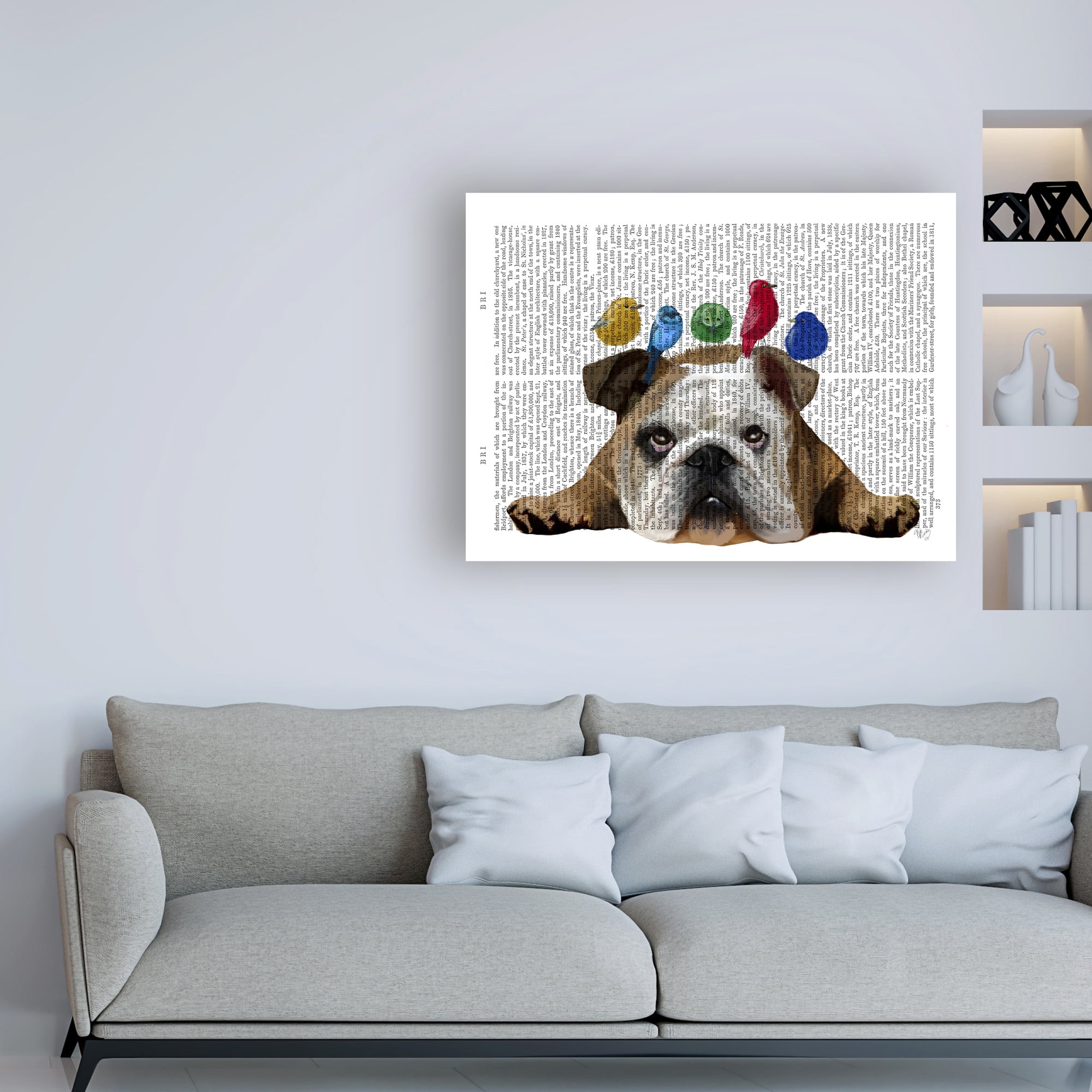 Trademark Fine Art 'English Bulldog and Birds' Canvas Art by Fab Funky