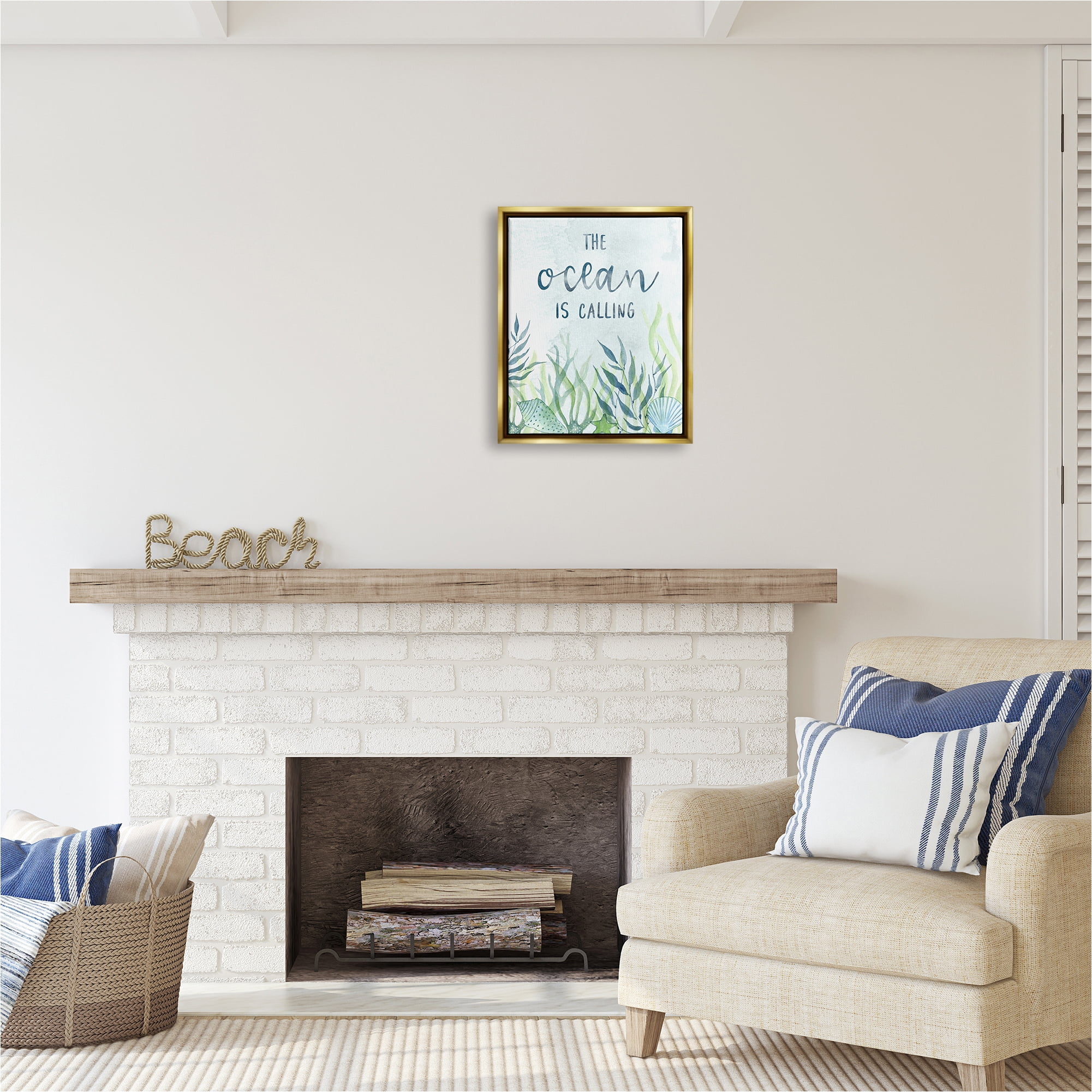 Stupell Industries Ocean Calling Phrase Animals & Insects Painting Gold Floater Framed Canvas Art Print Wall Art, 17 x 21