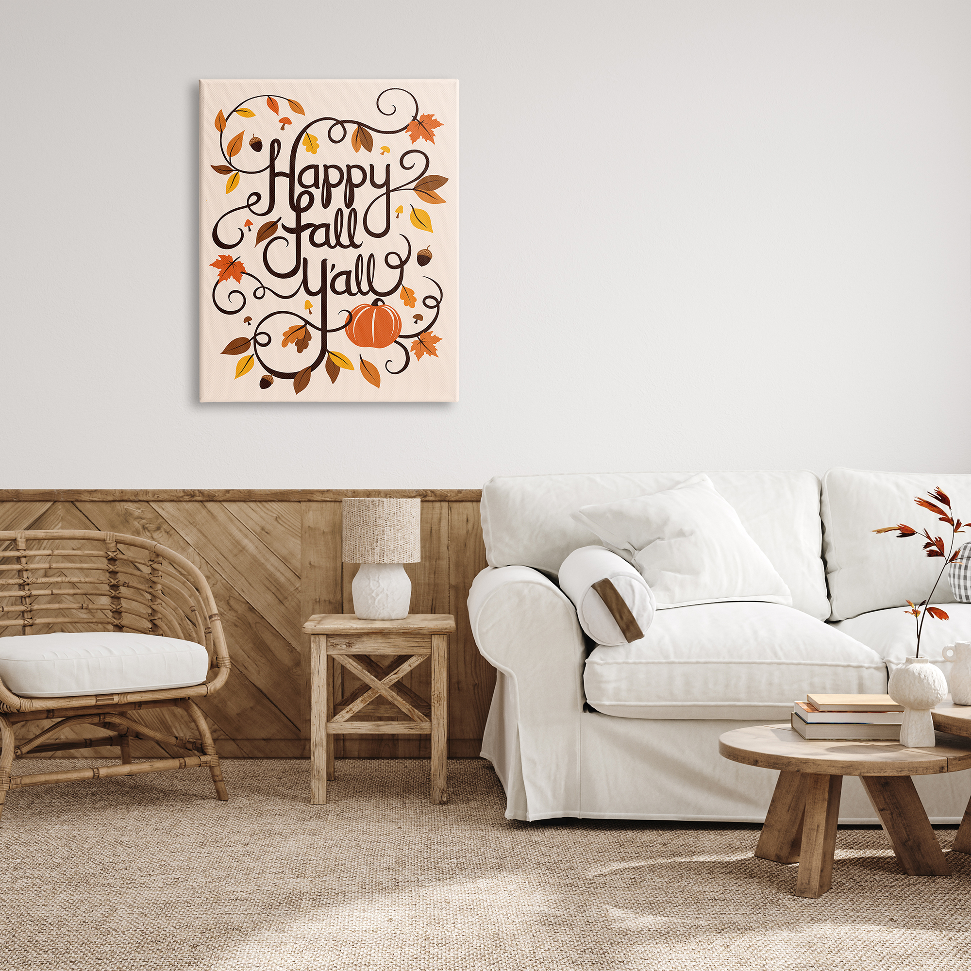 Stupell Indtries Happy Fall Y'all Phrase Autumn Foliage Typography Acorns,30 x 40,Design by Jo Taylor