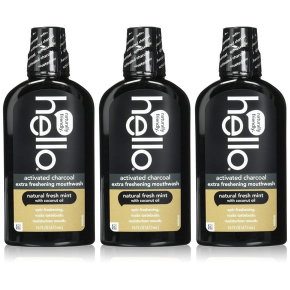 Hello Activated Charcoal Extra Freshening Mouthwash, Natural Fresh Mint and Coconut Oil, Fluoride Free, Alcohol Free, Vegan, SLS Free and Gluten Free, 16 Fl Oz (Pack of 3)