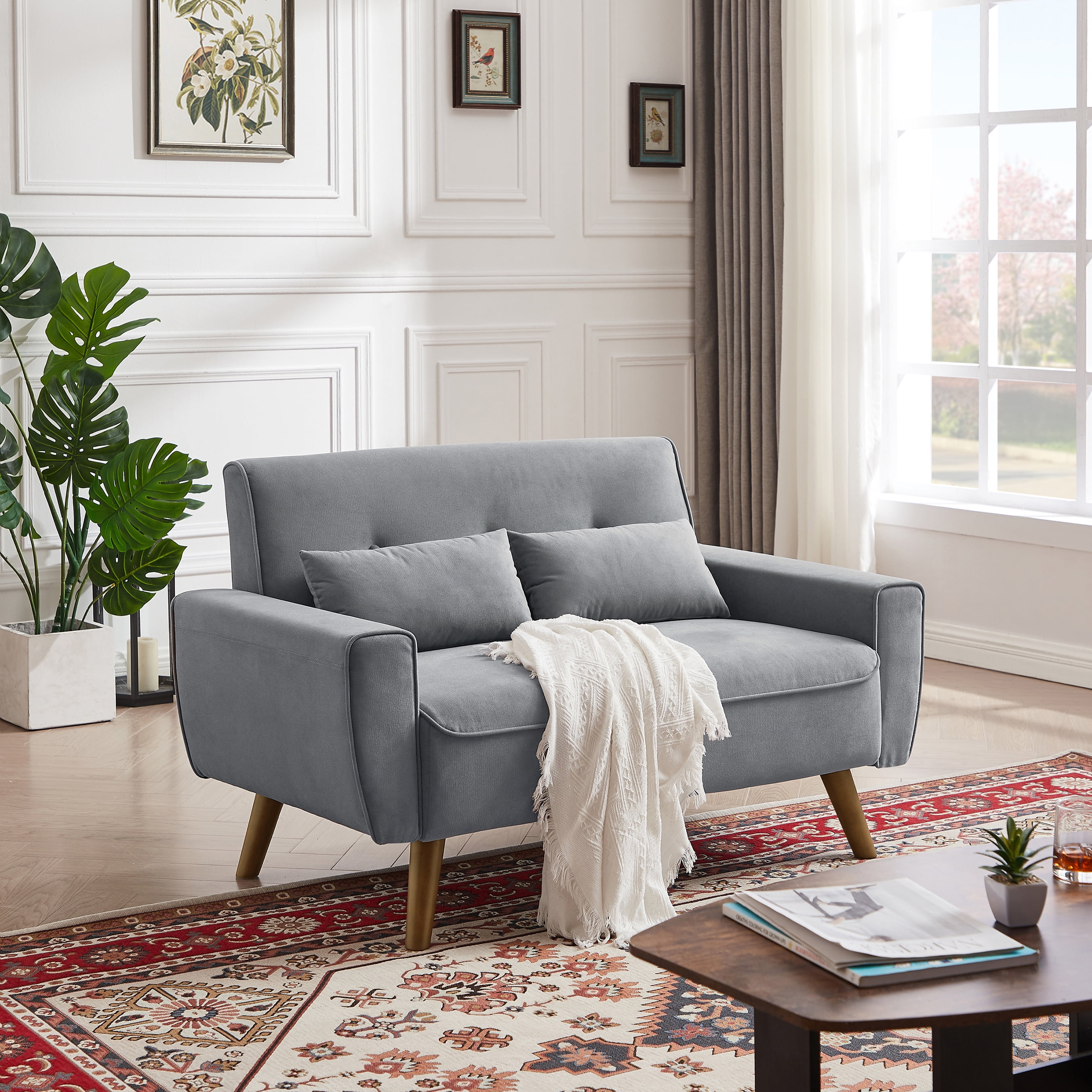 Jarenie 47" Small Modern Loveseat Sofa, Mid Century Linen Fabric 2-Seat Sofa Couch Tufted Love Seat with Back Cushions and Tapered Wood Legs for Living Room, Bedroom and Small Space LightGrey
