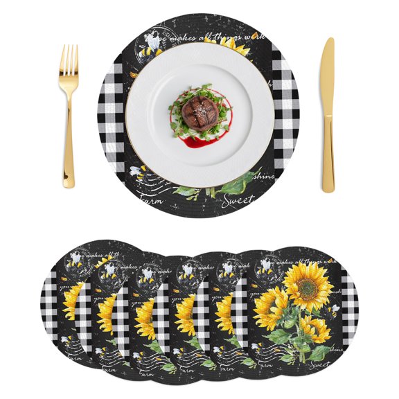Round Placemats Sunflower 15 inch Set of 6 Table Mats for Dining Table Farm Bee Black Buffalo Plaid Heat Resistant Non-Slip Kitchen & Home Decorative Place Mat Set