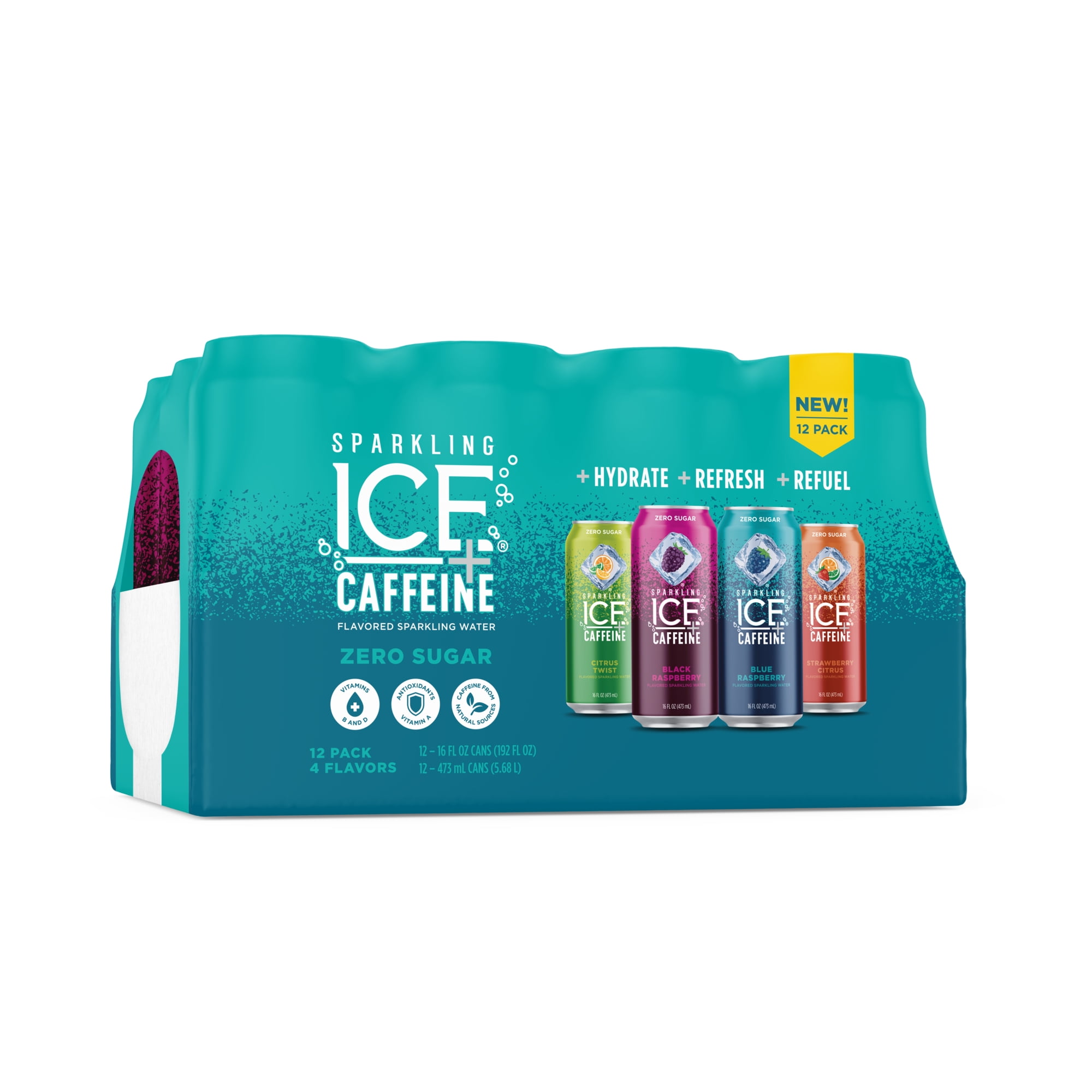 Sparkling Ice +Caffeine Zero Sugar Flavored Sparkling Water, Variety PackBlack Raspberry/Blue