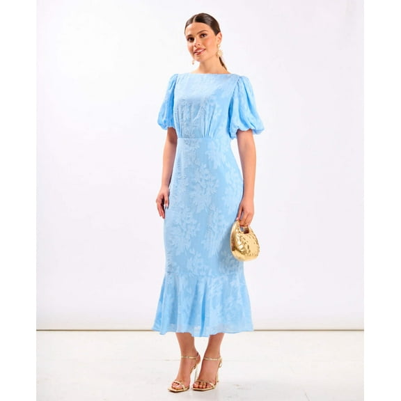 Blue Jacquard Shimmer Puff Sleeve Midi Dress