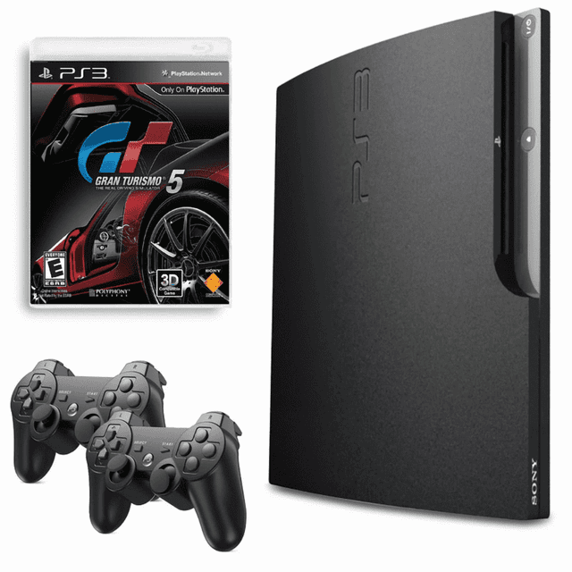 Sony Playstation 3 PS3 Console Slim 160GB Black with Gran Turismo 5 and 2 Retrofam Controllers (Refurbished)
