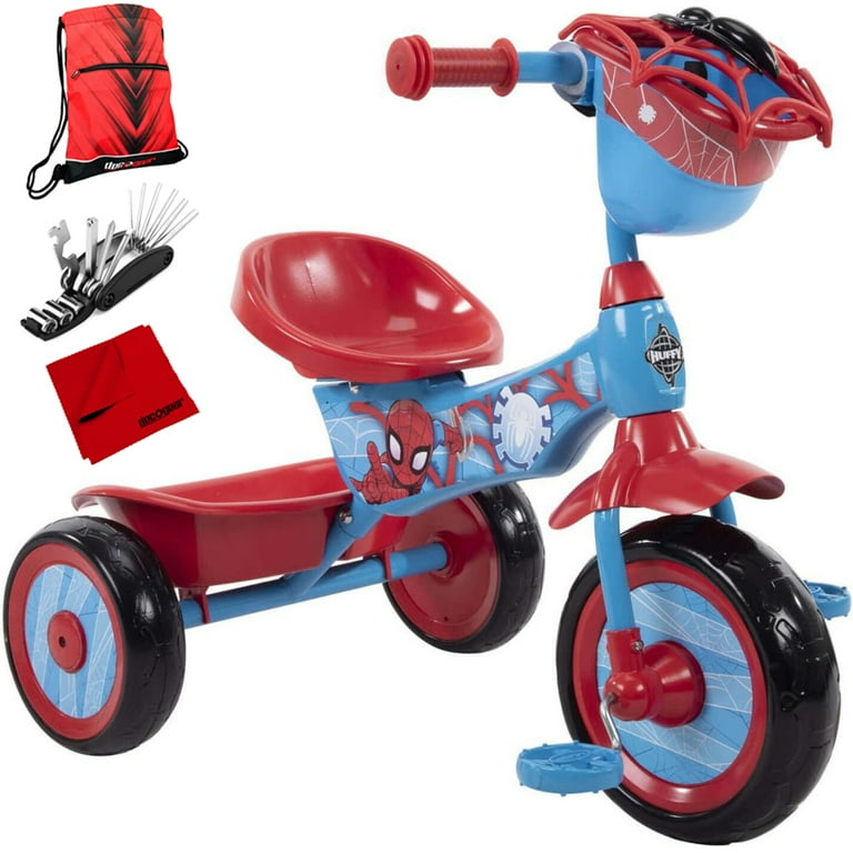 Huffy 29689 Marvel Spider Man 3 Wheel Tricycle for Kids Bundle with Drawstring Bag for Daily Use 16 in 1 Multi Function Bike Repair Tool Kit and