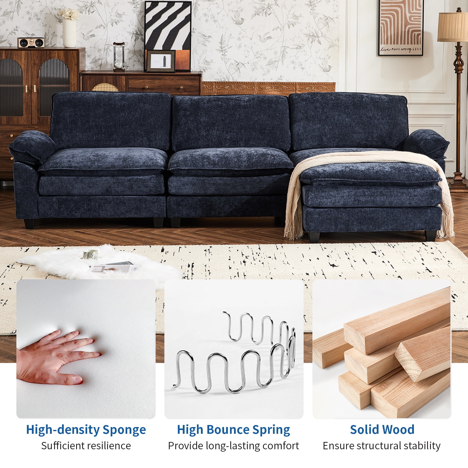 Capri 122" Oversized Sectional Couch, L Shaped Cloud Couch, Convertible Sofa Set for Living Room, Chenille, Blue