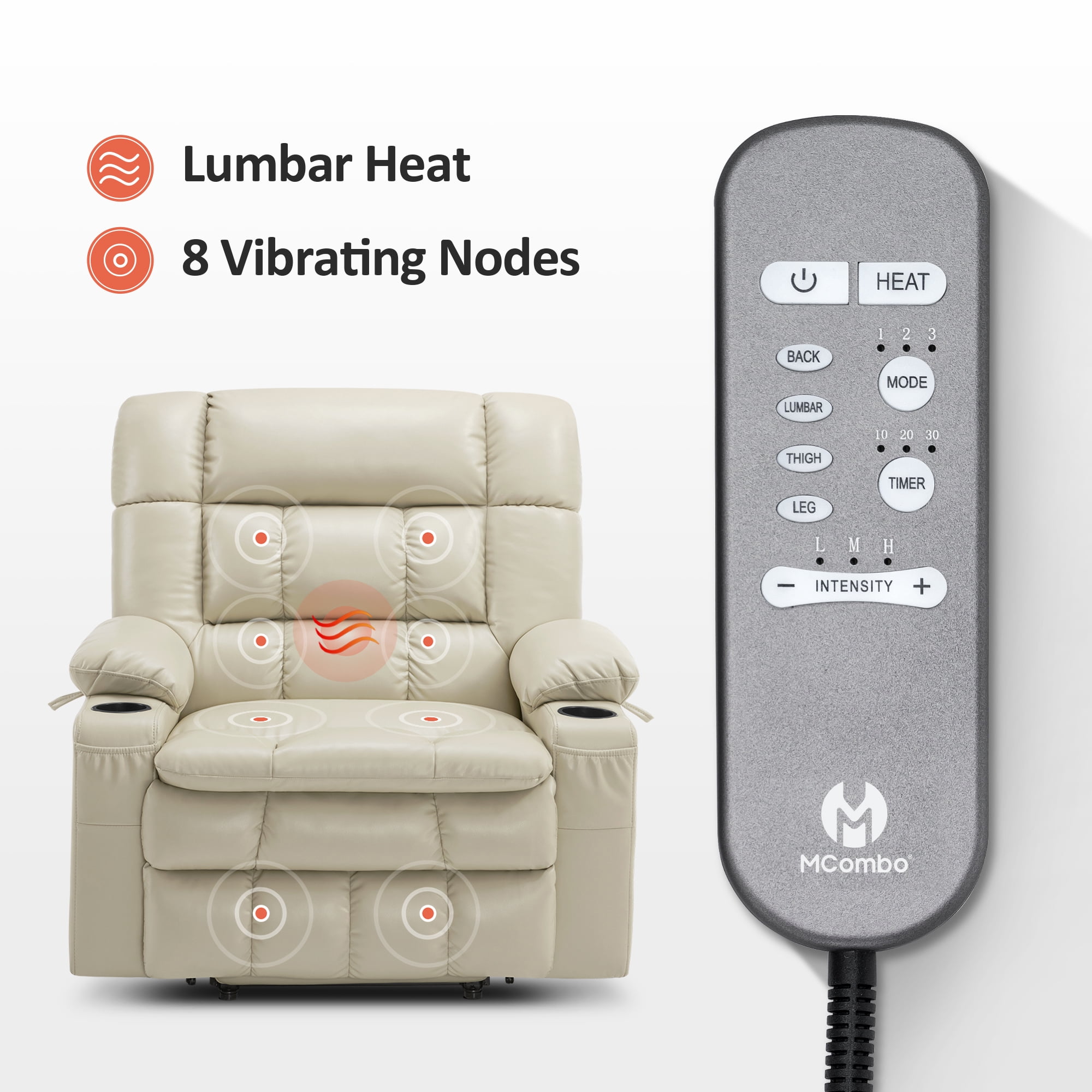 MCombo Small Dual Motor Power Lift Recliner Chair Sofa with Massage and Heat for Elderly People, Infinite Position, USB Ports, Faux Leather R7894 (Cream White, Small-Wide)