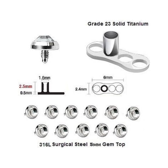 Set of 25 Solid Titanium Base & 5MM Dermal Top Piercing Jewelry