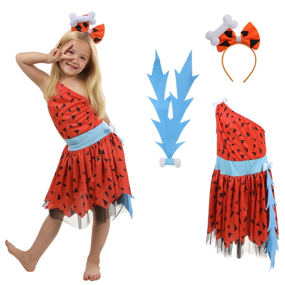 Pigmiss Cavegirl Pebbles Costume Girls Halloween Party Dress Up Stone Age Outfit with Bone Headband, Orange