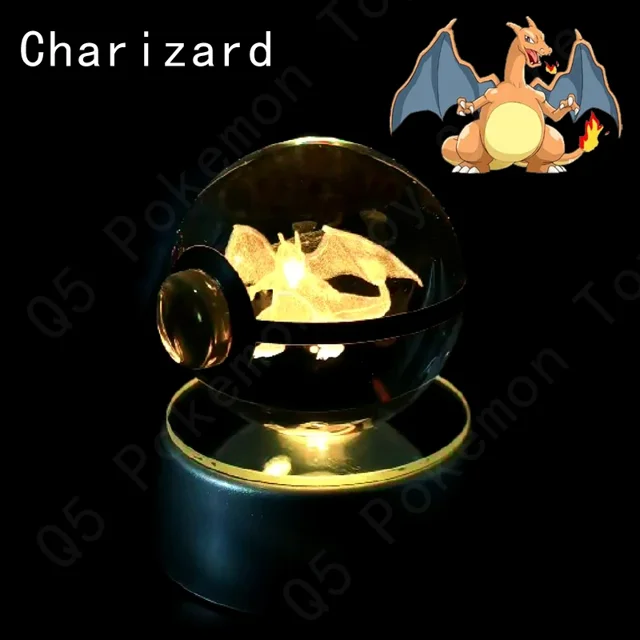 3D Pokemon Crystal Ball 8CM 5CM Mewtwo Pikachu Gengar Crystal Glass Pokemon Ball Pokeball Figure Night Light LED Lamp Base Gift