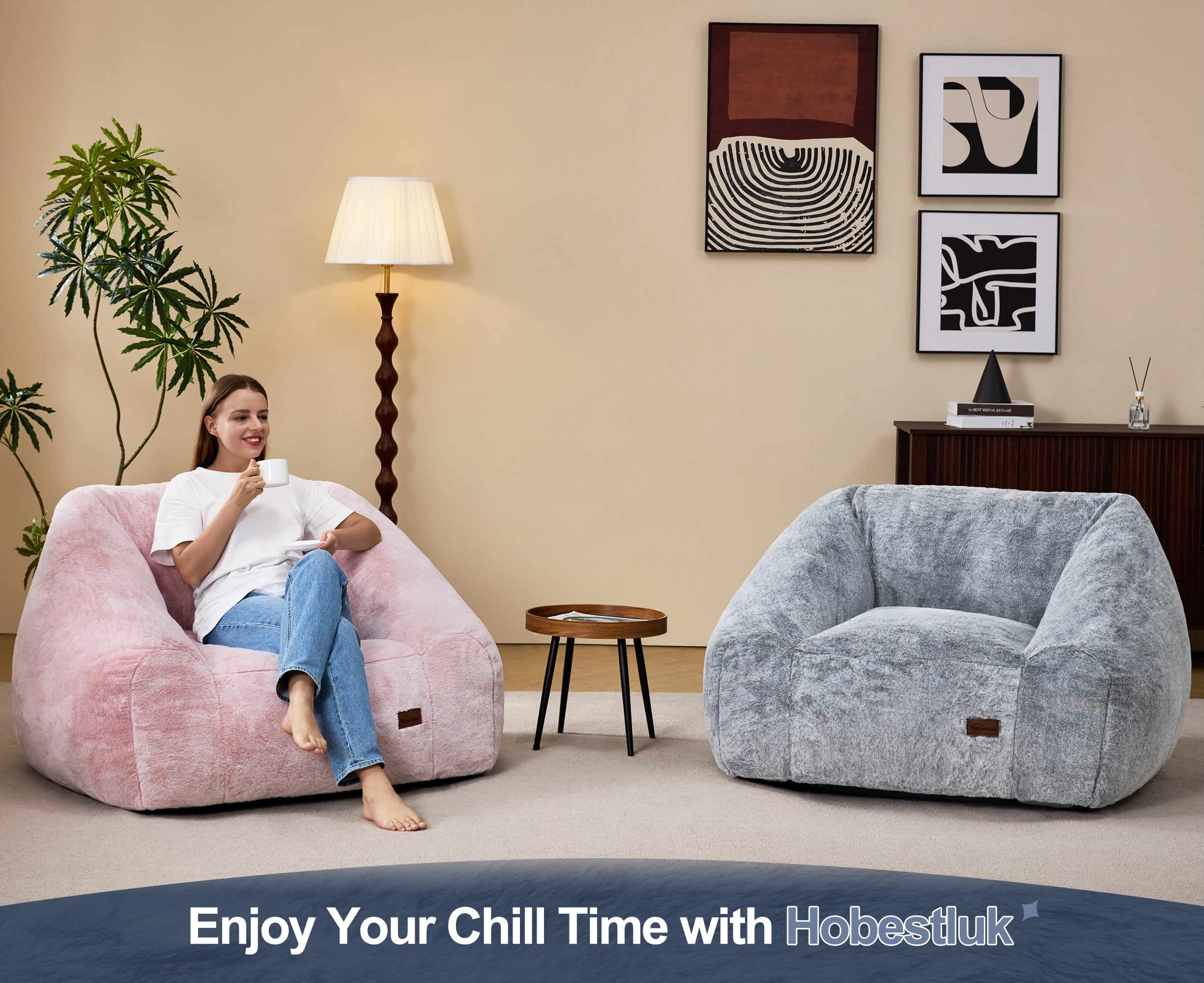 Hobestluk Oversized Bean Bag Chair for Adults with Filler, Large Cozy Reading Chair, Comfortable Lounge Chair for Living Room and Bedroom (Grey Two-Tone)