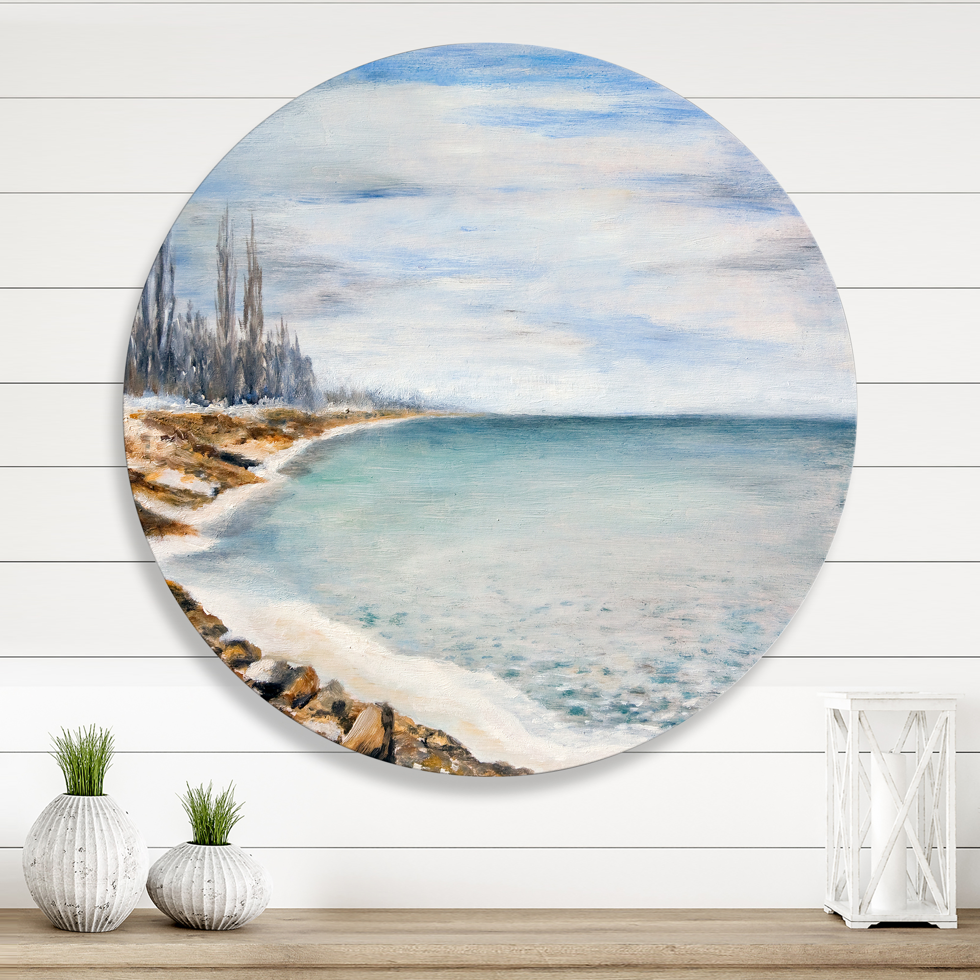 Beach Is Covered With Ice 11 in x 11 in Painting Art Prints, by Designart