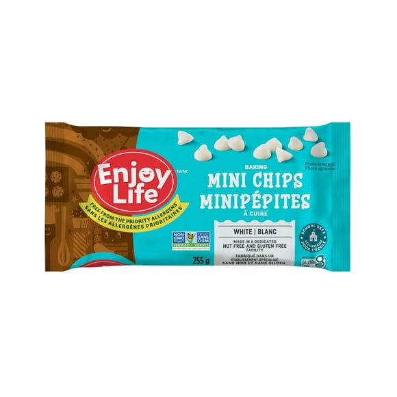 Enjoy Life White Mini Chips, the delicious dairy-free alternative to white chocolate for allergy friendly baking and snacking. Get all the creamy sweetness of white chocolate without 14 common food allergens., The delicious dairy-free alt to white chocolate.