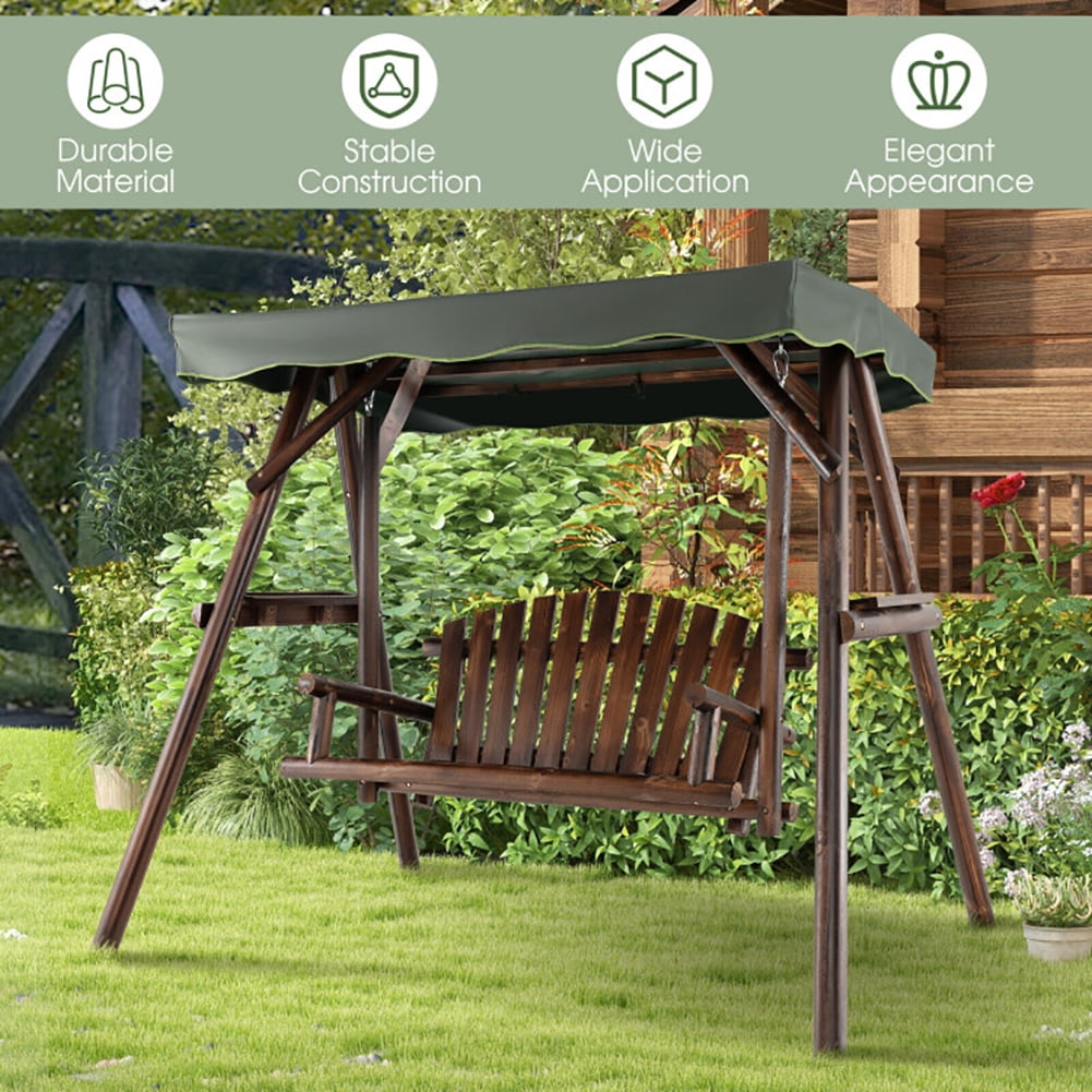 Aimee Lii 2-Person Outdoor Wooden Porch Swing with an Adjustable Canopy, Swing Chair Outdoor