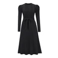 thumbnail image 3 of Women'S Long Sleeve Crewneck Tie Waist A-Line Swing Casual Bodycon Ribbed Knit Fall Sweater Dress Black L, 3 of 9
