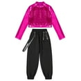 thumbnail image 3 of Alvivi Girls 2pcs Sparkle Jazz Hip Hop Dance Outfit Long Sleeve Crop Top with Cargo Pants Set Hot Pink 12, 3 of 5