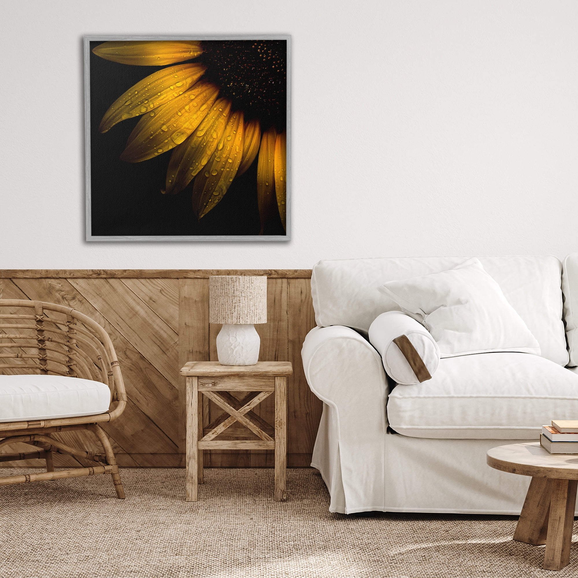 Sunflower Detail with Droplets Gray Framed Giclee Art, design by Brian Carson Photography