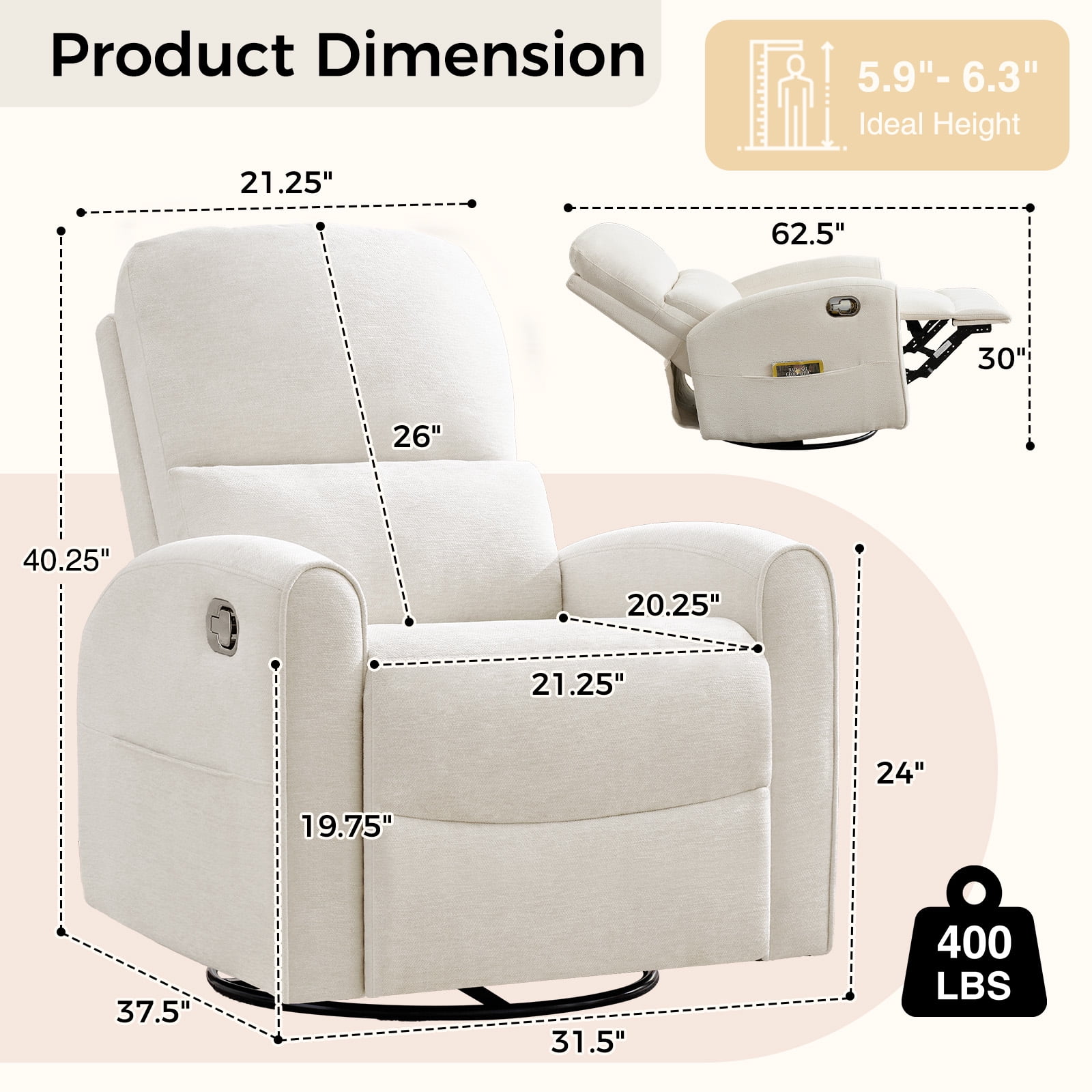 Aemeios Manual Recliner Swivel Chenille Glider Chair with Adjustable Headrest, White