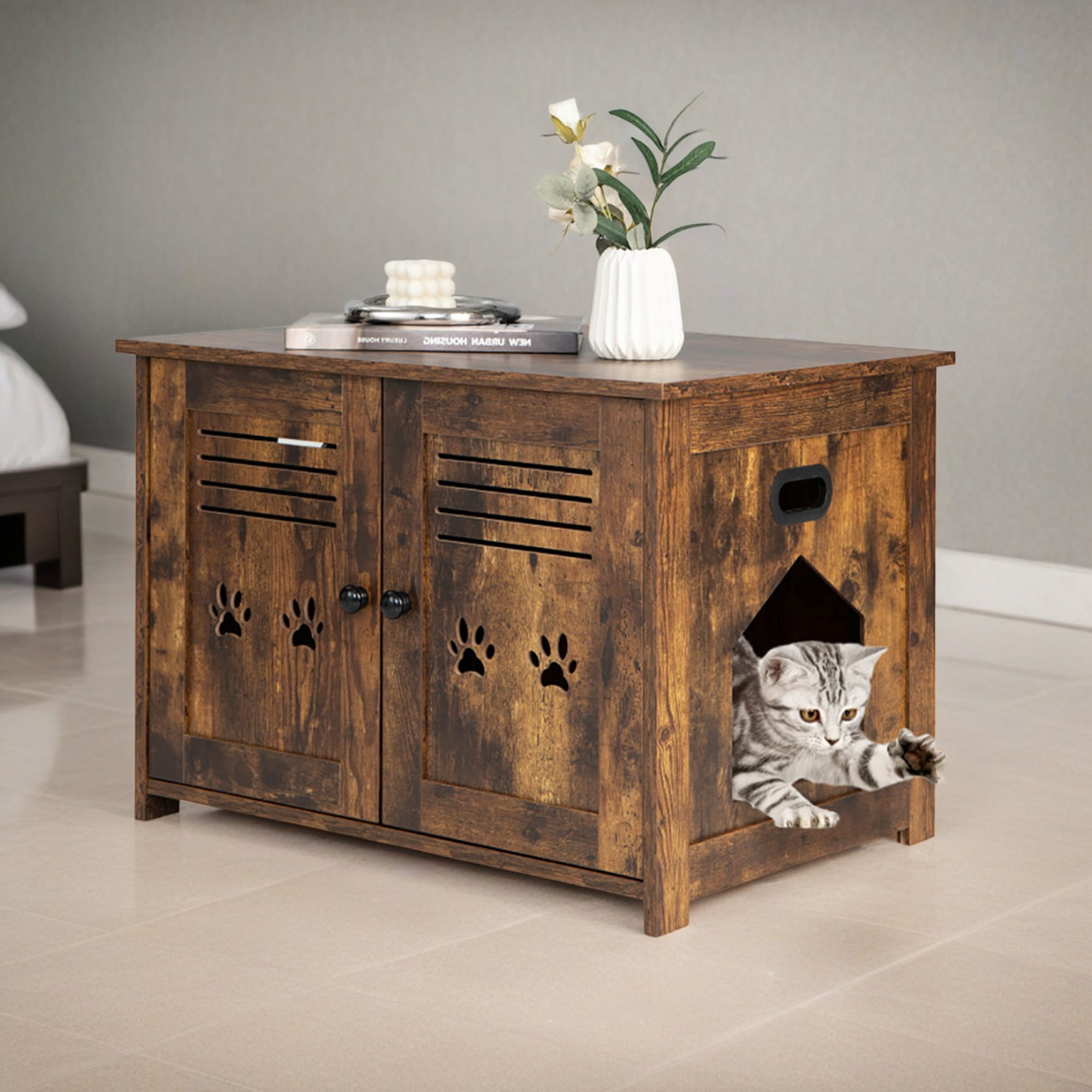 resenkos 27" Hidden Cat House Washroom Furniture with Double Louvered Doors, Wood Cat Litter Box Enclosure Cabinet with Side Entrance, Brown