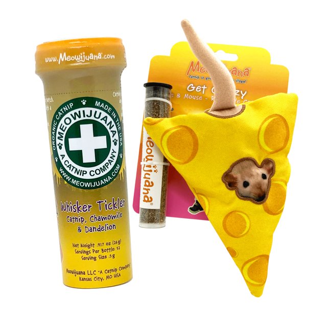 Meowijuana | Get Cheezy Bundle | Get Cheezy Refillable Cheese Toy and Whisker Tickler Catnip Blend | Promotes Play and Cat Health | Includes Organic Catnip