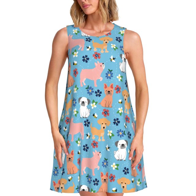 Xecao Mignon Chien pour Robes d'Été pour Femmes Robes Décontractées de Plage Robes Sans Manches T-Shirt Robe Évasée avec Poches