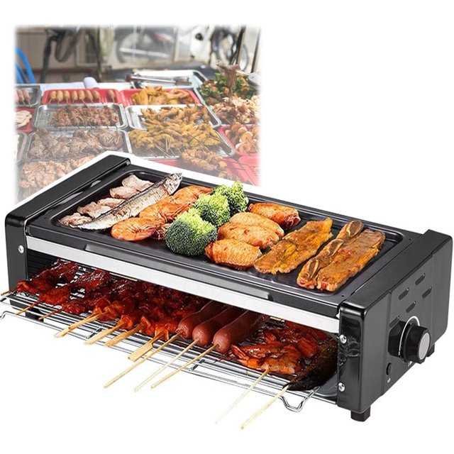 Parrilla de doble piso de 1500 W con bandeja para hornear, control de temperatura, parrilla eléctrica sin humo, ideal para fiestas y entretenimiento en casa.