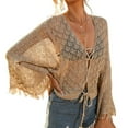 thumbnail image 3 of Women Crochet Cardigan - Tie Front Hollow Out Long Sleeves Summer Knit Cover Apricot M, 3 of 8