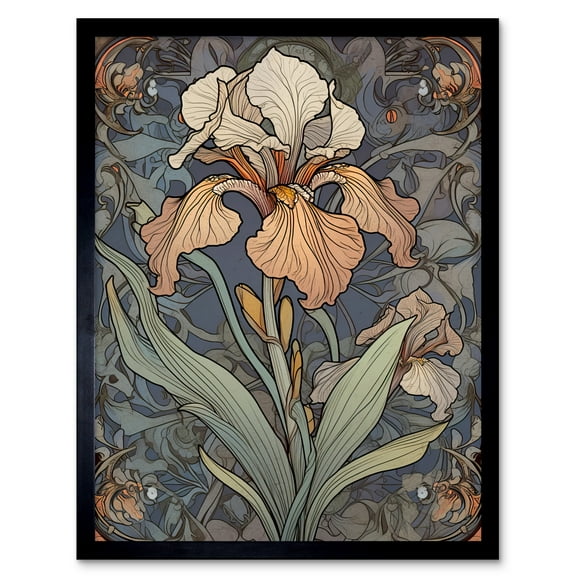 Art Nouveau Style Iris Bloom Flower Watercolour Art Print Framed Poster Wall Decor 12x16 inch