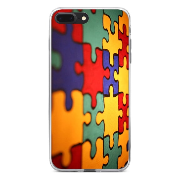 DistinctInk Clear Shockproof Hybrid Case for iPhone 7 PLUS / 8 PLUS (5.5" Screen) - TPU Bumper, Acrylic Back, Tempered Glass Screen Protector - Red Blue Yellow Puzzle Pieces - Austism Awareness