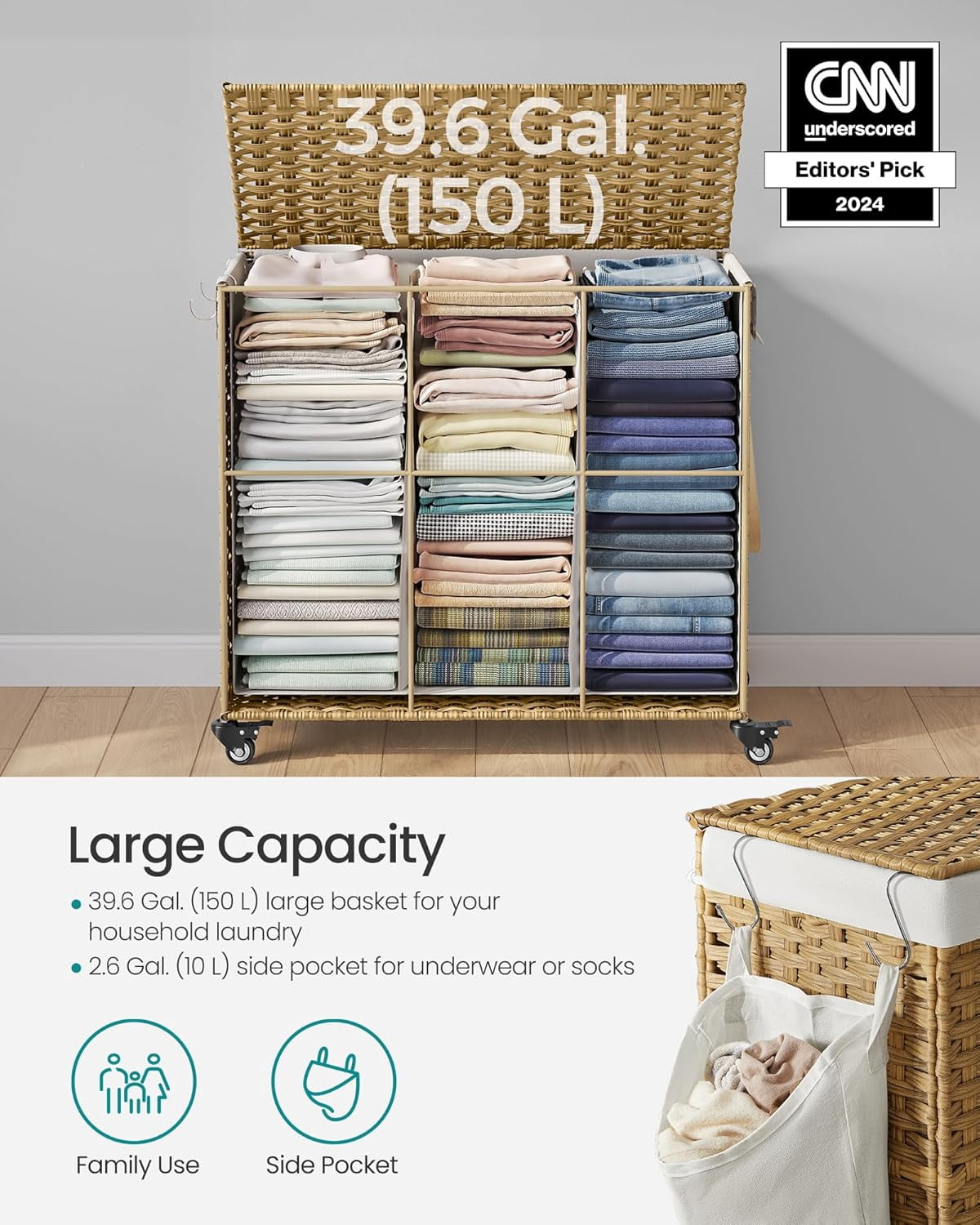 Laundry Hamper with Lid, 42.3 Gallons (160 L), Rolling Laundry Basket with Wheels, 3-Section Synthetic Rattan, Removable Liner, Bedroom, 27.6 x 14.2 x 26 Inches, Natural