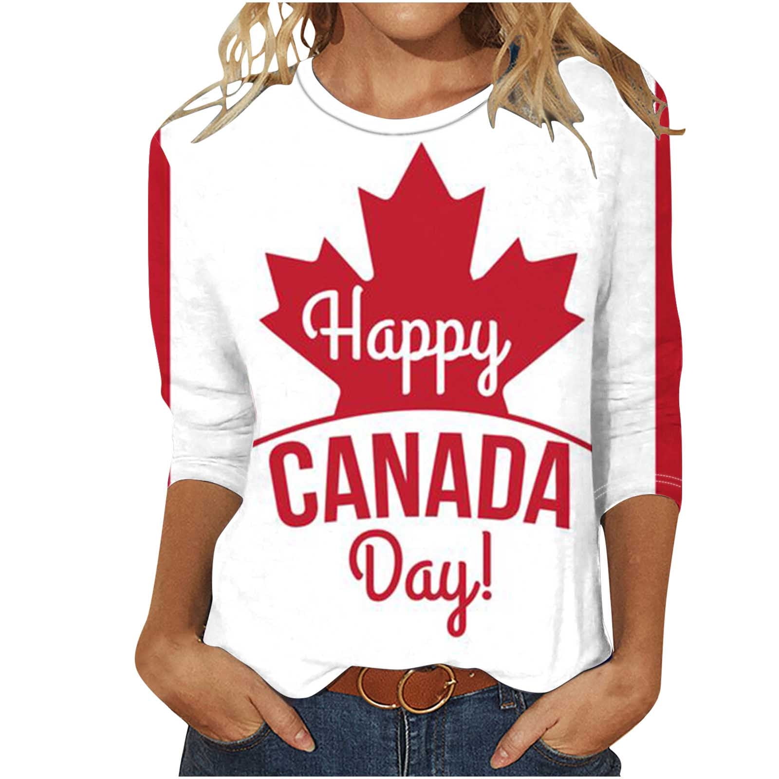Brnmxoke 3/4 Length Sleeve Womens Tops Canada Day Flag Crewneck